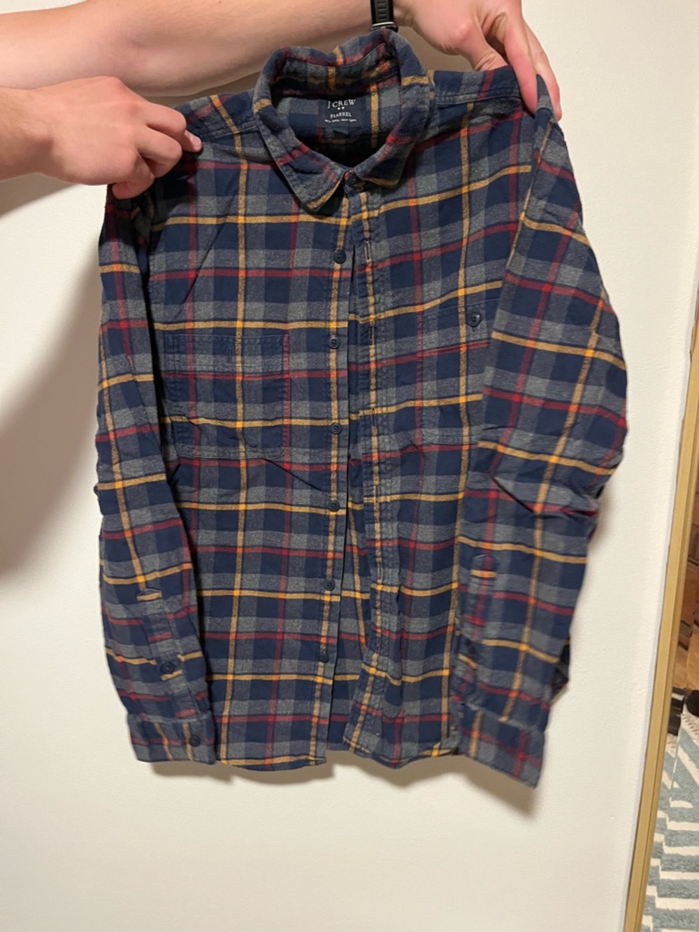 J. Crew Navy, Red & Mustard Plaid Flannel Shirt